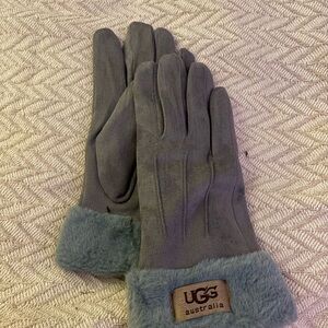 UGG Gray Suede Gloves with Fur Trim